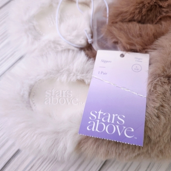 Stars Above Faux Fur Cross Strap Paris Slipper Slides in Taupe Size Large NWT - Picture 11 of 11